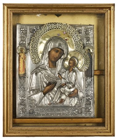 Arte russa, secolo XIX. Icona della Madre di Dio di Tikhvin con santi ai lati a