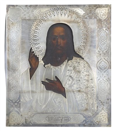 Arte russa, secolo XIX. Icona a tempera su tavola raffigurante Cristo Pantocrat