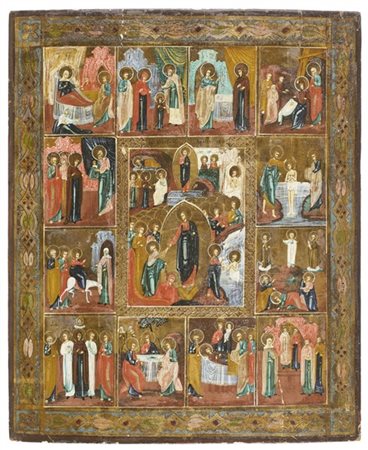 Arte russa, secolo XIX. Icona a tempera all'uovo e oro su tavola raffigurante P