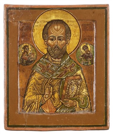 Arte russa, secolo XIX. Icona a tempera e oro su tavola di San Nicola Taumaturg