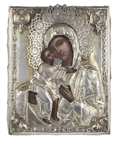 Arte russa, secolo XIX. Icona a tempera su tavola raffigurante Madonna di Vladi