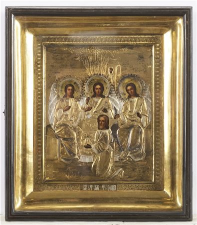 Arte russa, secolo XIX. Icona a tempera su tavola raffigurante la Santissima Tr