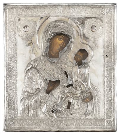 Arte russa, secolo XIX. Icona a tempera su tavola raffigurante Madonna di Tikhv