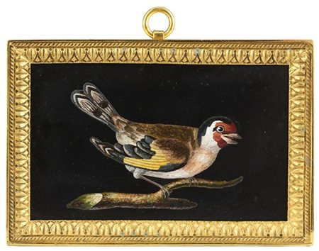 Artista romano, 1820-1830 circa. Cardellino posato su un ramo, micromosaico su