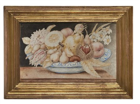 OTTAVIANO MONFORT Coppia di dipinti a tempera su pergamena raffiguranti "Piatto