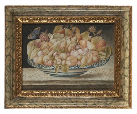 OTTAVIANO MONFORT Coppia di dipinti a tempera su pergamena raffiguranti "Piatto