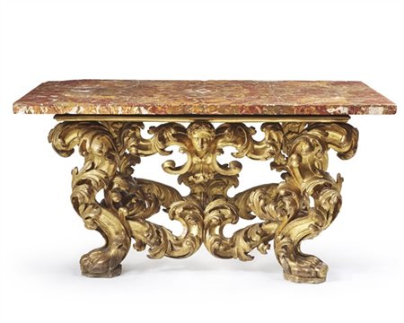 Tavolo da parete in legno intagliato e dorato, piano in marmo diaspro di Sicili