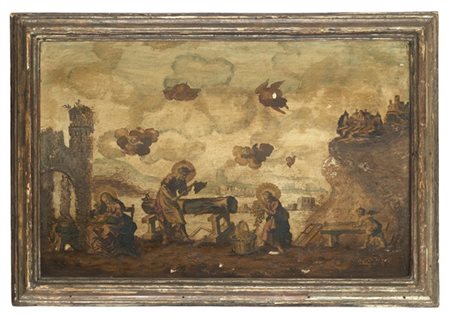 Coppia di pannelli lignei decorati ad arte povera raffiguranti la "Sacra Famigl