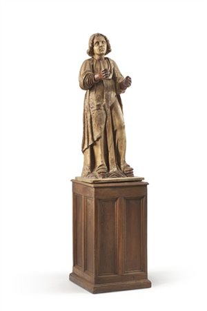 Scultore friulano, secolo XVII. Figura di santo in legno intagliato con tracce