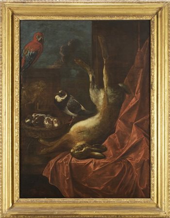 Jan Baptist Tyssens "Composizione con lepre, piccioni e pappagallo"
olio su tela