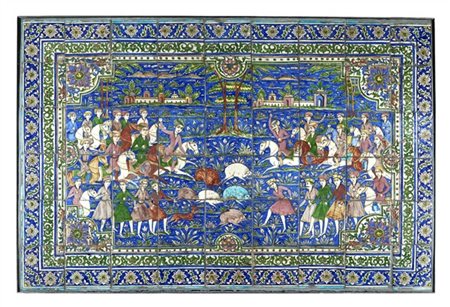 Grande pannello di mattonelle con scena di caccia reale
Iran, dinastia Qajar, f