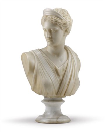 Busto di Diana in alabastro scolpito con base tornita (cm 33x60x28) (difetti, m