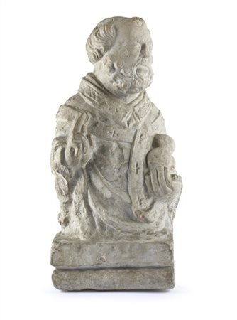 Antica scultura in pietra raffigurante il busto di San Nicola di Bari benedicen