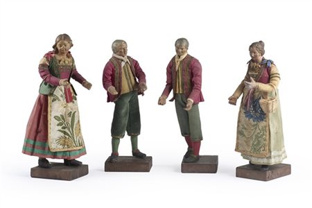 Arte del secolo XIX-XX. Quattro figure da presepe con personaggi popolari in te