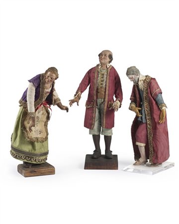 Arte del secolo XVIII-XIX. Tre figure da presepe con personaggi popolari in ter