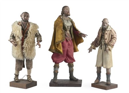 Arte napoletana, secolo XVIII-XIX. Tre figure da presepe di personaggi popolari