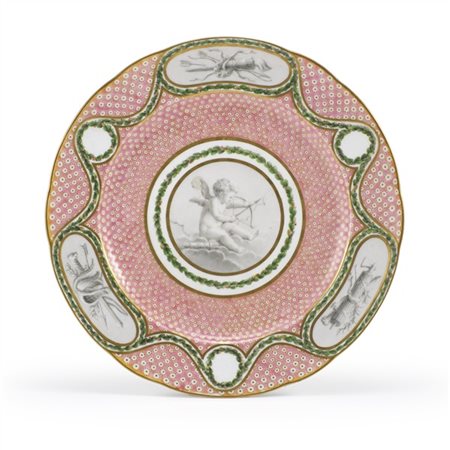 Manifattura di Sèvres, 1770 ca. Piatto in porcellana dipinta en grisaille con a