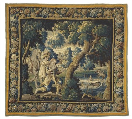 Manifattura di Aubusson, Francia, secolo XVIII. Arazzo tessuto a mano in lana e