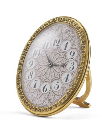 Orologio a cavalletto in ottone con quadrante ovale in smalto dipinto a motivi