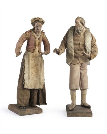 Arte napoletana, secolo XIX. Due figure da presepe con personaggi popolari in t