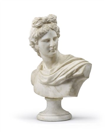 Ignoto del secolo XX. Apollo del Belvedere, busto in marmo bianco su base torni