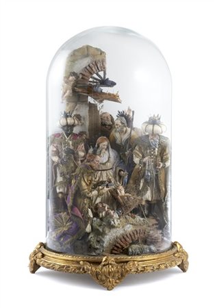 Arte napoletana, secolo XX. Presepe con Adorazione dei Magi in legno intagliato