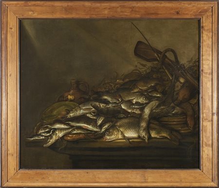 Pieter de Putter "Composizione con pescato, selvaggina, fucile e canna da pesca