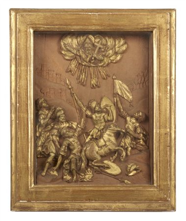 Arte del secolo XVIII. Bassorilievo in legno chiaro intagliato e parzialmente d