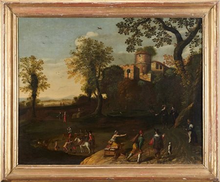 Maestro romano della fine del secolo XVII

"Paesaggio con viandanti"
olio su te