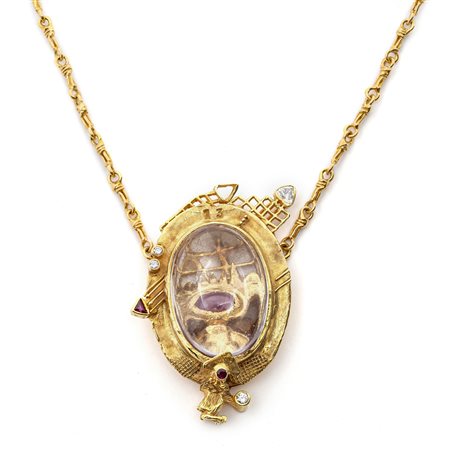 WALTER ZIEGLER, collana con Cristallo di Rocca, Rubini e Diamanti.