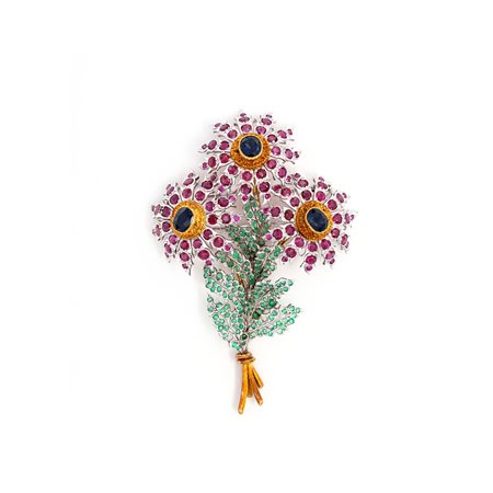 Spilla Bouquet con Rubini, Zaffiri e Smeraldi.