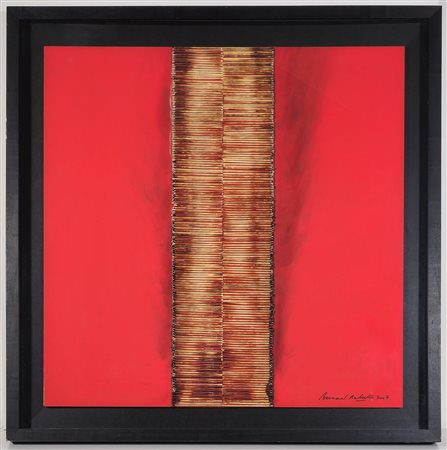 BERNARD AUBERTIN, 70 X 70 cm, ”Dessin de Feu sur table Rouge" Acrilico e...