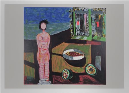 BRUNO CASSINARI, (1912-1992), 50 X 70 cm, Nudo con natura morta litografia su...