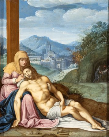 Artista emiliano, fine XVI - inizio XVII secolo  
Pietà 
Olio su rame cm. 24,5x20. Con cornice