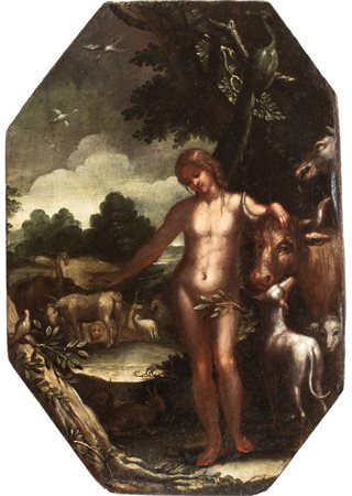 Artista fiammingo, fine XVI - inizio XVII secolo  
Eva nel giardino dell'Eden 
Olio su tavola cm. 40x27