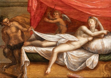 Artista fiammingo attivo in Italia, seconda metà XVI secolo  
Venere insidiata da un satiro 
Olio su tavola cm. 24x32. Con cornice