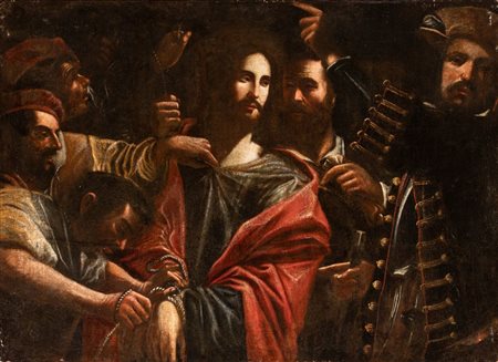 Bartolomeo Manfredi (cerchia di) (Ositano, 1582 - Roma, 1622) 
La cattura di Cristo 
Olio su tela  cm. 96x131. Con cornice