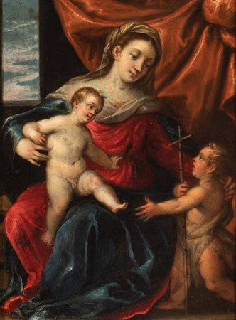 Artista emiliano, fine XVI - inizio XVII secolo  
Madonna con Bambino e San Giovannino 
Olio su rame cm. 24x18,5. Con cornice