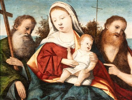 Artista veneto, XVI secolo  
Madonna con il Bambino tra due santi 
Tempera su tavola cm. 36x45,5. Con cornice