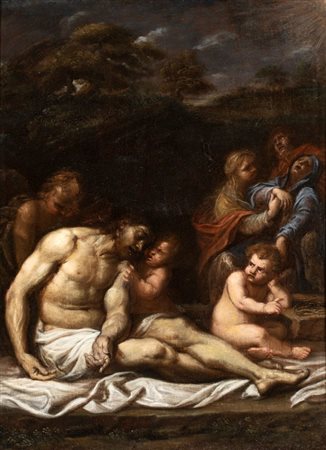 Artista attivo a Roma, XVII secolo  
Compianto sul Cristo morto con angeli 
Olio su tela cm. 66x49,5. Con cornice