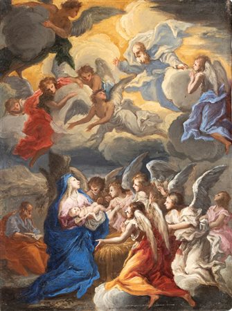Artista genovese, seconda metà XVII secolo  
Sacra Famiglia circondata dagli angeli alla presenza di Dio Padre 
Olio su matrice in rame cm. 28x20,5. Con cornice