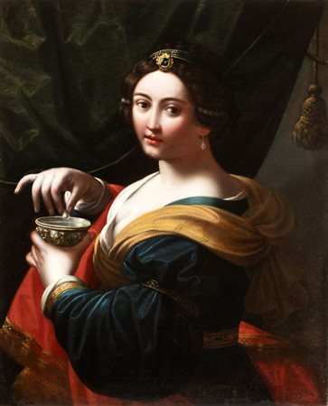 Artista attivo a Roma, XVII secolo  
Cleopatra scioglie l'orecchino di perla in una coppa di aceto 
Olio su tela cm. 92x74. Con cornice