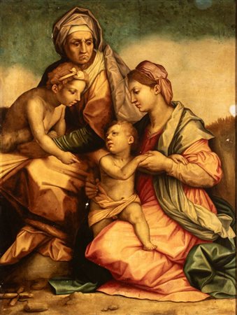 Andrea del Sarto (seguace di) (Firenze, 1486 - Firenze, 1531) 
Madonna con Bambino, Santa Elisabetta e San Giovannino  XVIII - XIX secolo
Olio su tavola cm. 116x85. Con Cornice