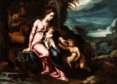 Artista ferrarese, seconda metà XVI secolo  
Sacra Famiglia con San Giovannino 
Olio su tela cm. 74x102. Con cornice