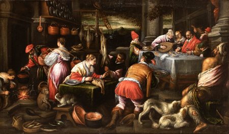 Bassano (bottega di) (Bassano del Grappa, 1557 - Venezia, 1622) 
Il banchetto del ricco Epulone 
Olio su tela cm. 99x168. Con cornice