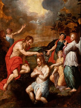 Jacob de Backer (ambito di) (Anversa, 1555 - 1585) 
Battesimo di Cristo 
Olio su tavola cm. 67x50. Con cornice