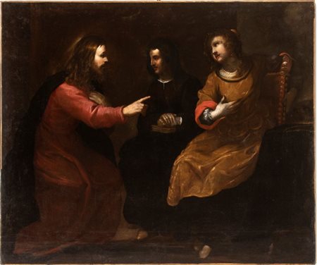 Luciano Borzone (Genova, 1590 - 1645) 
Gesù in casa di Marta e Maria 
Olio su tela cm. 121x144