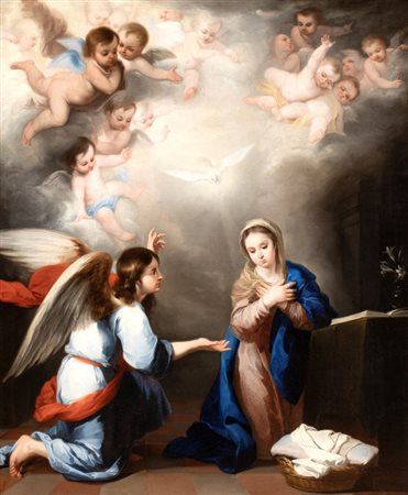 Bartolomé Esteban Murillo (seguace di) (Siviglia, 1618 - Cadice, 1682) 
Annunciazione XVII secolo
Olio su tela cm. 126,5x104. Con cornice