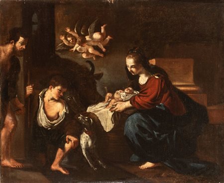 il Guercino (bottega di) (Cento, 1591 - Bologna , 1666) 
Adorazione dei pastori 
Olio su tela cm. 61,5x73,5. Con cornice