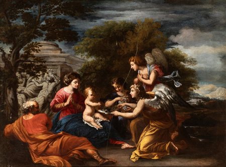 Artista attivo a Roma, seconda metà XVII secolo  
Sacra Famiglia confortata dagli angeli nella fuga in Egitto  
Olio su tela cm. 74x100,5. Con cornice